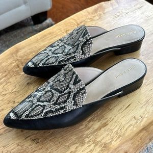 Cole Haan Piper Mules size 7.5 in black with snake skin print